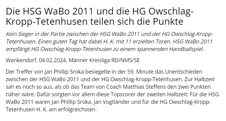 Weltklasse Pressetext zum Spiel HSG WaBo 2011 Männer gegen die HG OKT 4