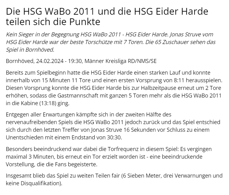 Weltklasse Pressetext | Handball Kreisliga Rendsburg Neumünster Segeberg | Saison 2023/2024 | Ergebnis HSG WaBo 2011 gegen HSG Eider Harde 3