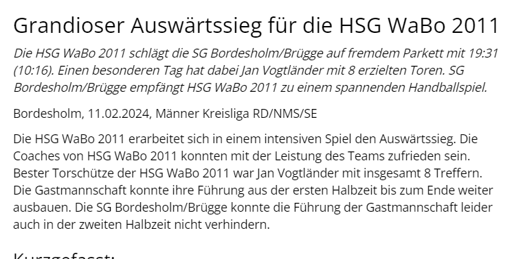 Weltklasse Pressetext Handball Kreisliga Rendsburg Neumünster Segeberg - Ergebnis SGBB3 gegen HSG WaBo 2011