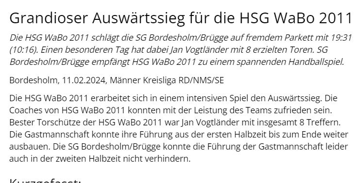 Weltklasse Pressetext Handball Kreisliga Rendsburg Neumünster Segeberg - Ergebnis SGBB3 gegen HSG WaBo 2011 Weltklasse Pressetext Handball Kreisliga Rendsburg Neumünster Segeberg - Ergebnis SGBB3 gegen HSG WaBo 2011