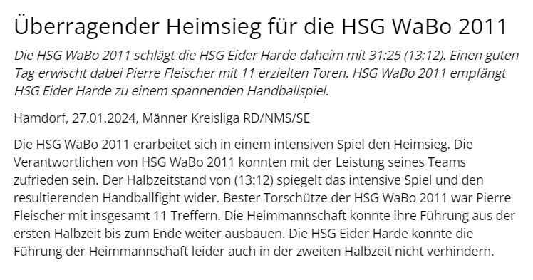 Weltklasse Handball Spielbericht HSG Eider Harde 4 gegen HSG WaBo 2011