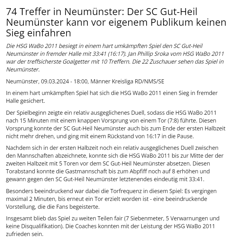 Weltklasse Pressetext | Kreisliga Renfsburg Neumünster Segeberg | Saison 2023/2024 | Ergebnis SC Gut Heil Neumünster gegen HSG WaBo 2011
