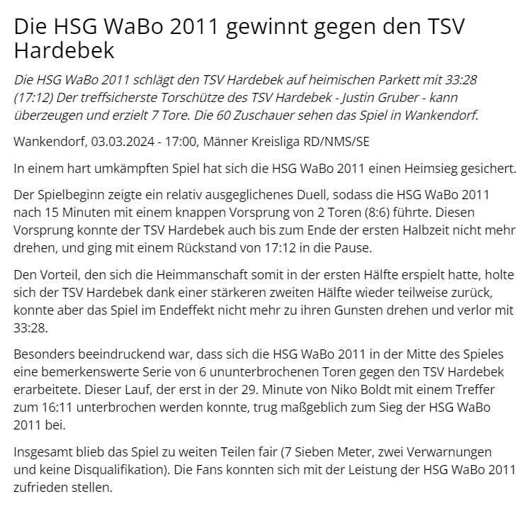 Weltklasse Pressetext | Kreisliga Rendsburg Neumünster Segeberg | Saison 2023/2024 | Ergebnis: HSG WaBo 2011 gegen TSV Hardebek
