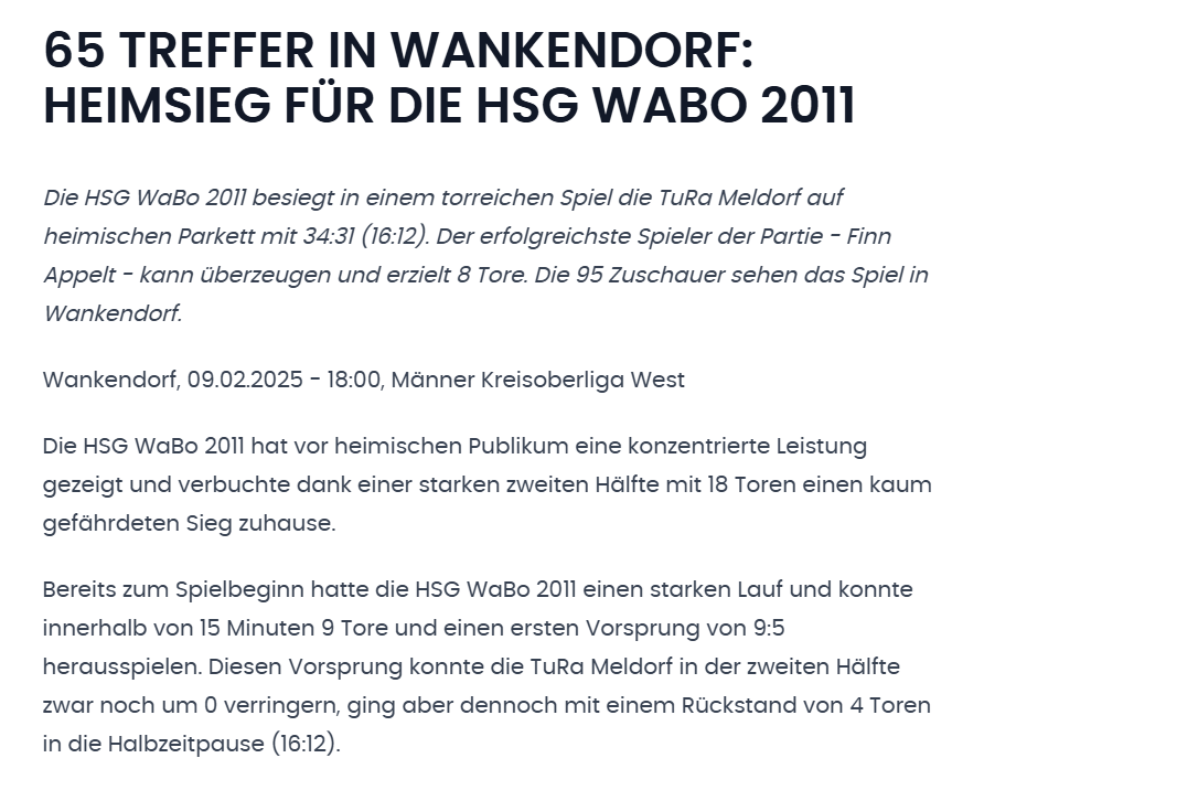 Kreisoberliga Region West Saison2024/2025 - HSG WaBo 2011 - TuRa Meldorf Pressetext Kreisoberliga Region West Saison2024/2025 - HSG WaBo 2011 - TuRa Meldorf Pressetext