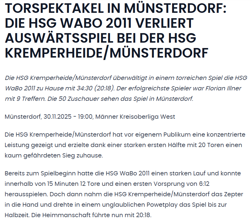 Weltklasse Pressebericht - HSG Kremperheide Münsterdorf vs. HSG WaBo 2011 Männer Saisons 2025/2026