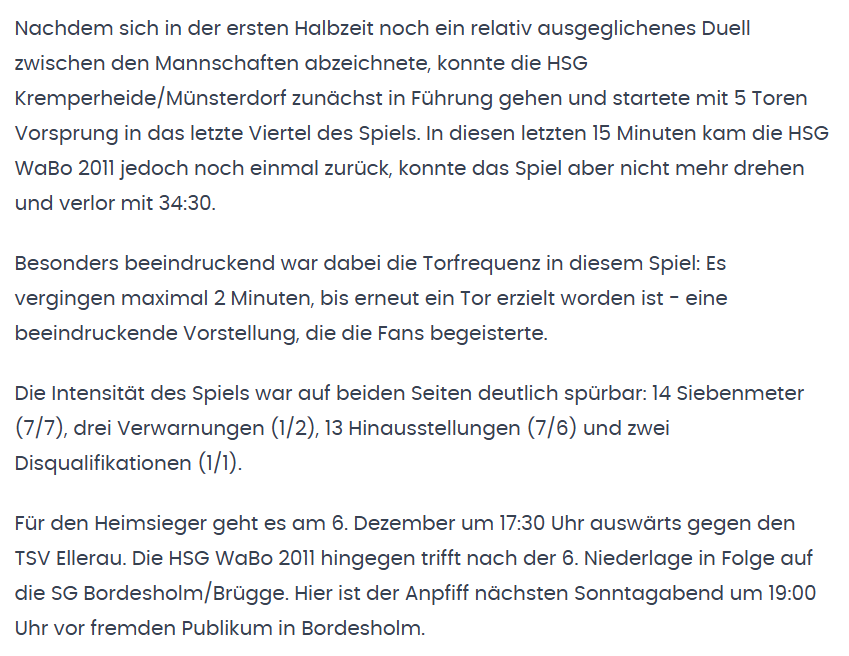 Weltklasse Pressebericht - HSG Kremperheide Münsterdorf vs. HSG WaBo 2011 Männer Saisons 2025/2026