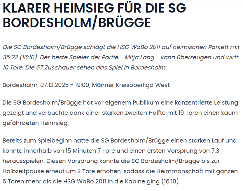 Weltklasse Pressebericht - SG Bordesholm Brügge 2 vs HSG WaBo 2011 Saison 2025/2026