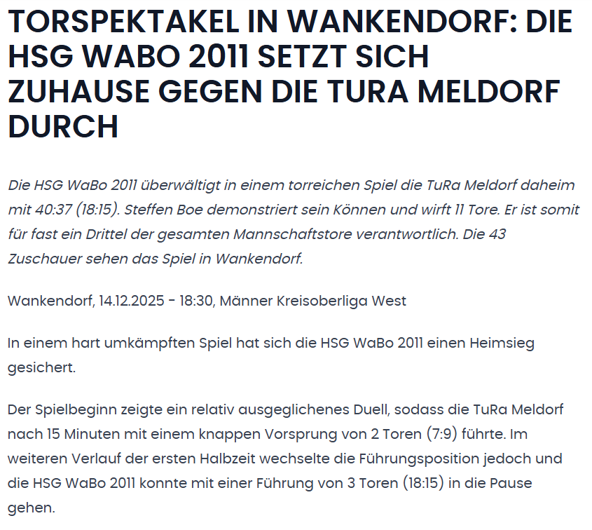 Weltklasse Pressebericht - HSG WaBo 2011 vs. TuRa Meldorf Saison 2025/2026