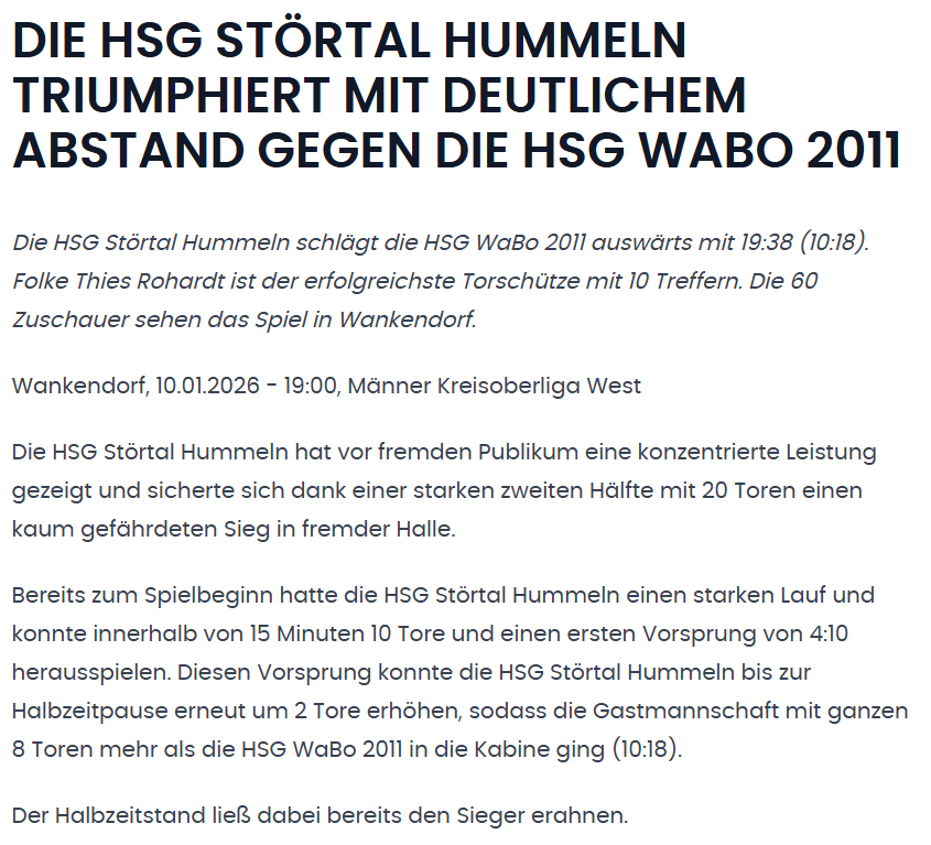 Weltklasse Pressebericht - HSG WaBo 2011 vs. Störtal Hummel Kreisliga Saison 2025/2026