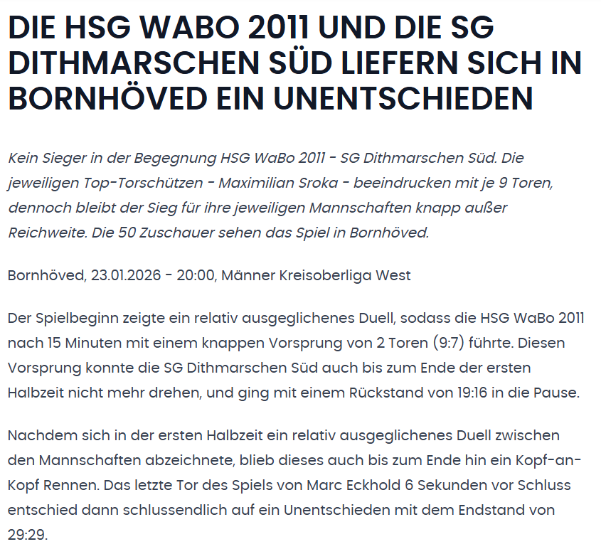 Weltklasse Pressebericht - HSG WaBo 2011 vs. SG Dithmarschen Süd Kreisoberliga Männer Saison 2025/2026