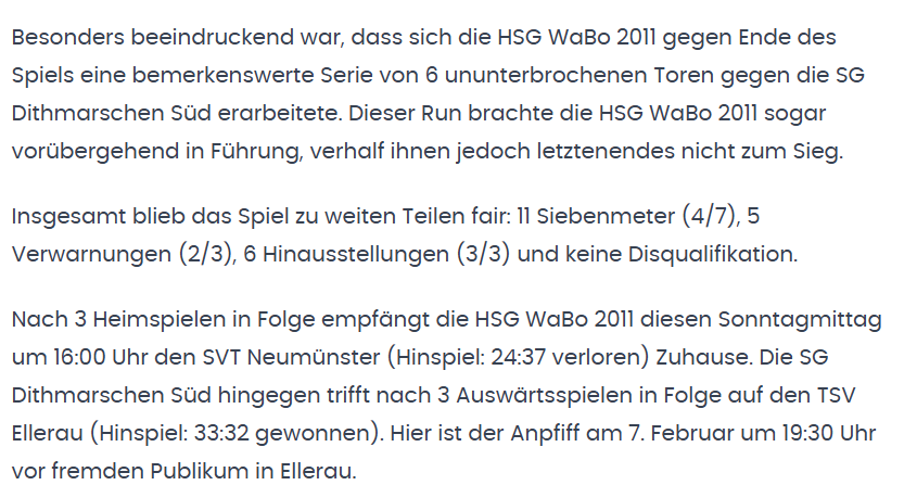 Weltklasse Pressebericht - HSG WaBo 2011 vs. SG Dithmarschen Süd Kreisoberliga Männer Saison 2025/2026