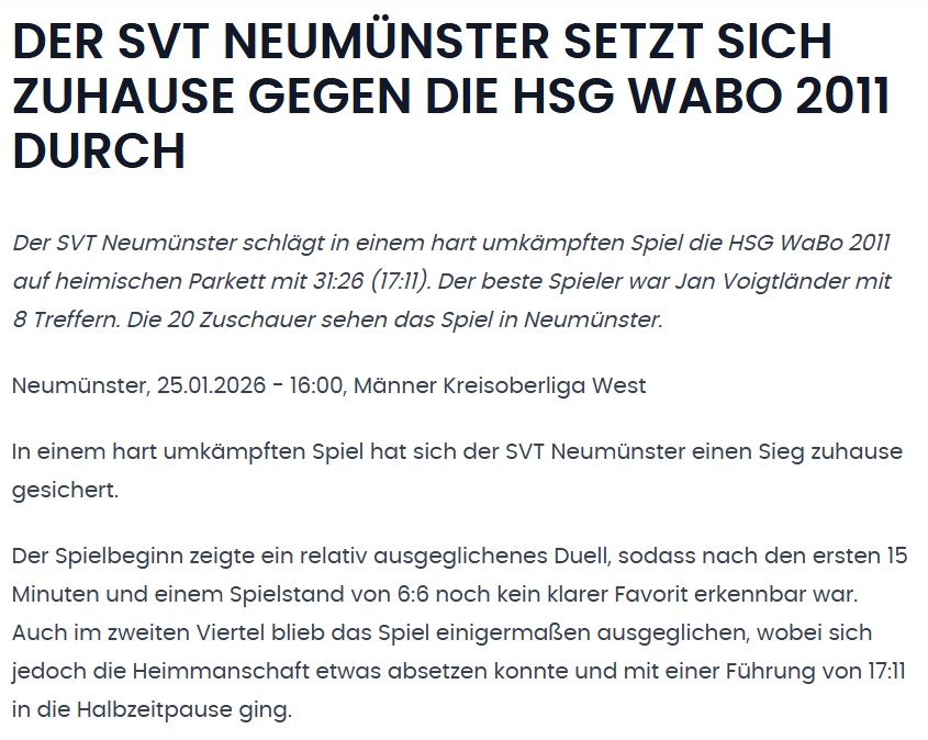 Weltklasse Pressebericht - SVT Neumünster vs. HSG WaBo 2011 - Kreisoberliga Männer Saisin 2025/2026