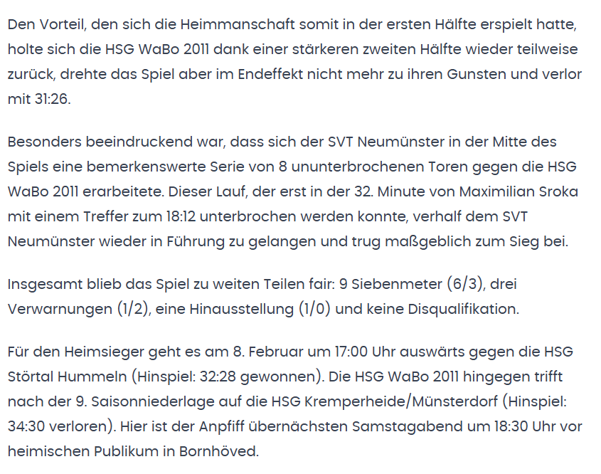 Weltklasse Pressebericht - SVT Neumünster vs. HSG WaBo 2011 - Kreisoberliga Männer Saisin 2025/2026